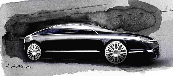 Drawing of Citroën C6, from a side view. Profile of this car is very fluid.